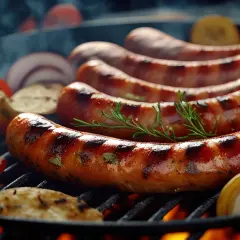 Kiełbaski surowe z majerankiem grillowane z warzywami, dymiące się nad ogniem.