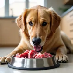 Złoty retriever patrzy na miskę surowej wieprzowiny. Pamiętaj, dlaczego psom nie wolno dawać surowej wieprzowiny – ryzyko wścieklizny rzekomej.