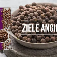 Ziele angielskie dodawane do ciemnego mięsa wydobywa jego głęboki aromat. Opakowanie przyprawy i miska pełna ziaren.