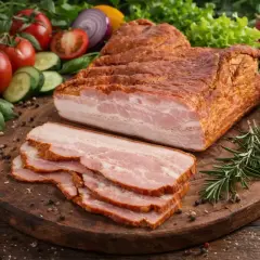 Boczek wędzony na zimno i gorąco: różnice w smaku i zastosowaniu. Na desce wędzony boczek, warzywa i zioła.