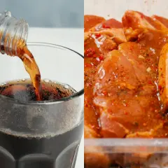 Marynowanie wieprzowiny w coli: prawda czy kulinarny mit? Cola w szklance i kawałki wieprzowiny w marynacie.
