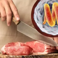 Niedopieczona wieprzowina może grozić zakażeniem włośnicą. Obraz przedstawia surowe mięso i spiralne pasożyty.