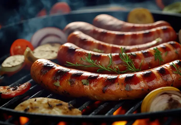 Kiełbaski surowe z majerankiem grillowane z warzywami, dymiące się nad ogniem.