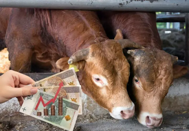 Dwie krowy w zagrodzie, ręka trzyma polskie banknoty z wykresem wzrostu cen.