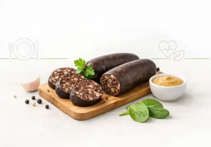 Kaszanka na desce z dodatkami: czosnek, musztarda, natka pietruszki, szpinak i pieprz.