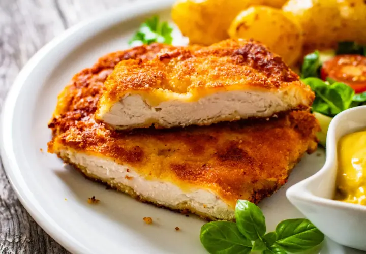 Chrupiący kotlet drobiowy, idealny sposób na to, jak odgrzać smażonego kotleta drobiowego żeby panierka znowu była chrupiąca. Podany z ziemniakami i sosem.