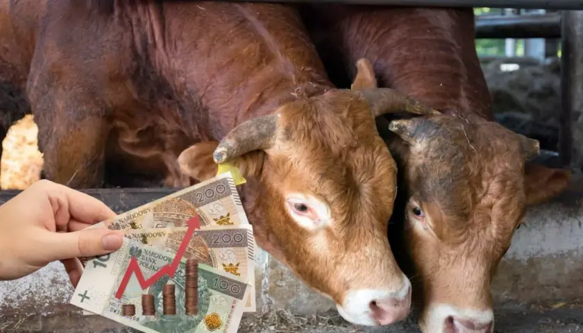 Dwie krowy w zagrodzie, ręka trzyma polskie banknoty z wykresem wzrostu cen.