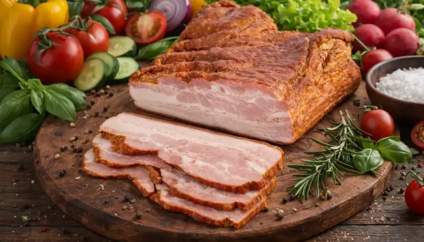 Boczek wędzony na zimno i gorąco: różnice w smaku i zastosowaniu. Na desce wędzony boczek, warzywa i zioła.