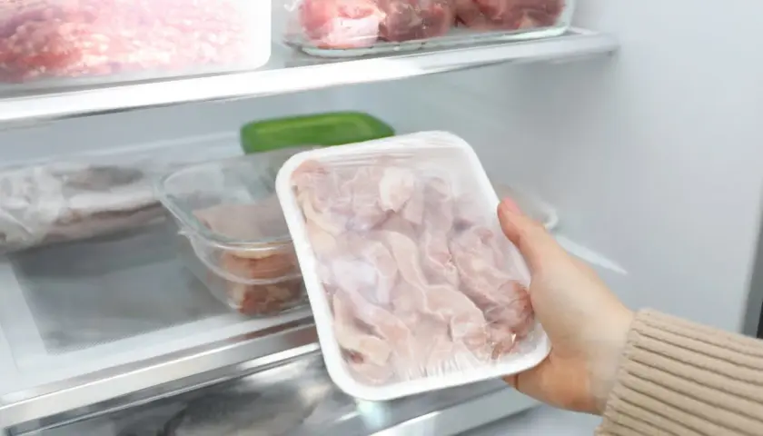 Ręka wyjmuje z lodówki opakowanie z zamrożonym mięsem. Dowiedz się, jak szybko rozmrozić mięso bez mikrofalówki, żeby nie namnożyć bakterii.
