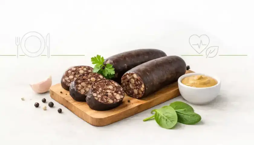 Kaszanka na desce z dodatkami: czosnek, musztarda, natka pietruszki, szpinak i pieprz.