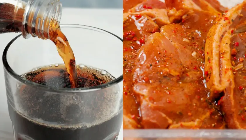 Marynowanie wieprzowiny w coli: prawda czy kulinarny mit? Cola w szklance i kawałki wieprzowiny w marynacie.