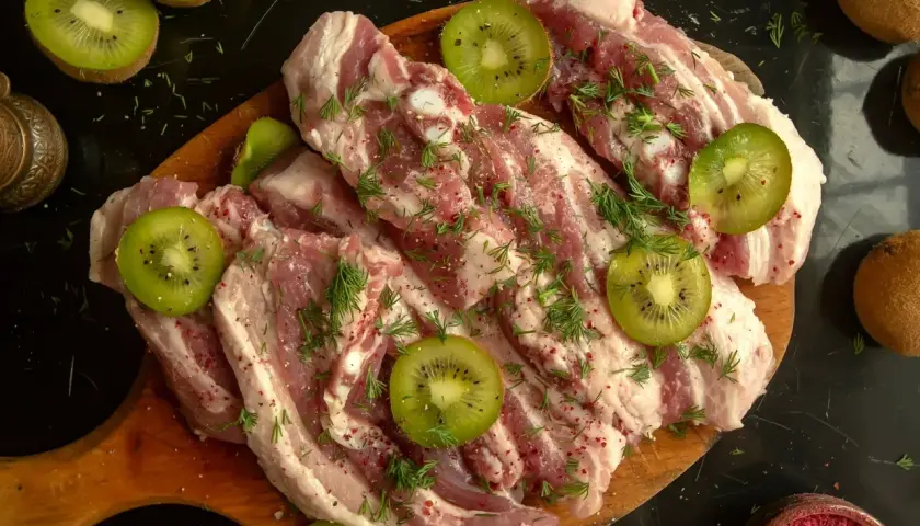 Surowe mięso wołowe z plasterkami kiwi i koperkiem, przygotowane do marynowania. Naturalna marynata do wołowiny z kiwi zmiękczająca mięso.