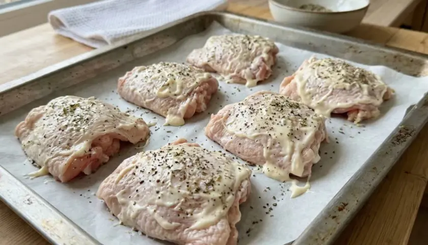 Sześć kawałków kurczaka na blasze, gotowych do pieczenia. Jak sprawdzić czy kurczak na patelni jest w 100 procentach usmażony bez rozkrawania go? Obserwuj soki!