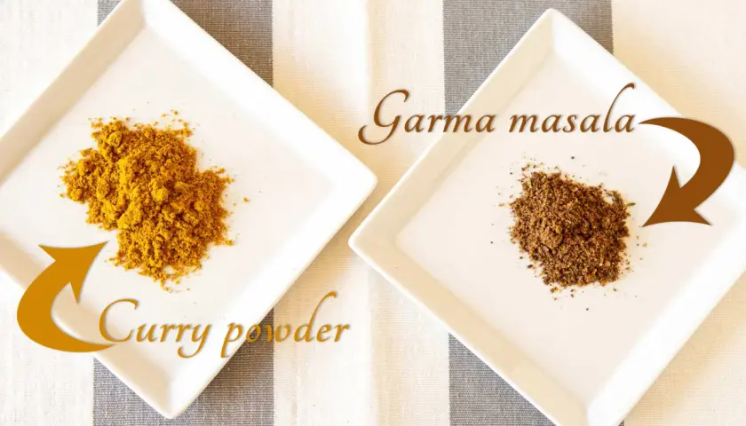 Na talerzykach: żółte curry powder i ciemniejsze garam masala. Poznaj różnice między tymi indyjskimi mieszankami przypraw.