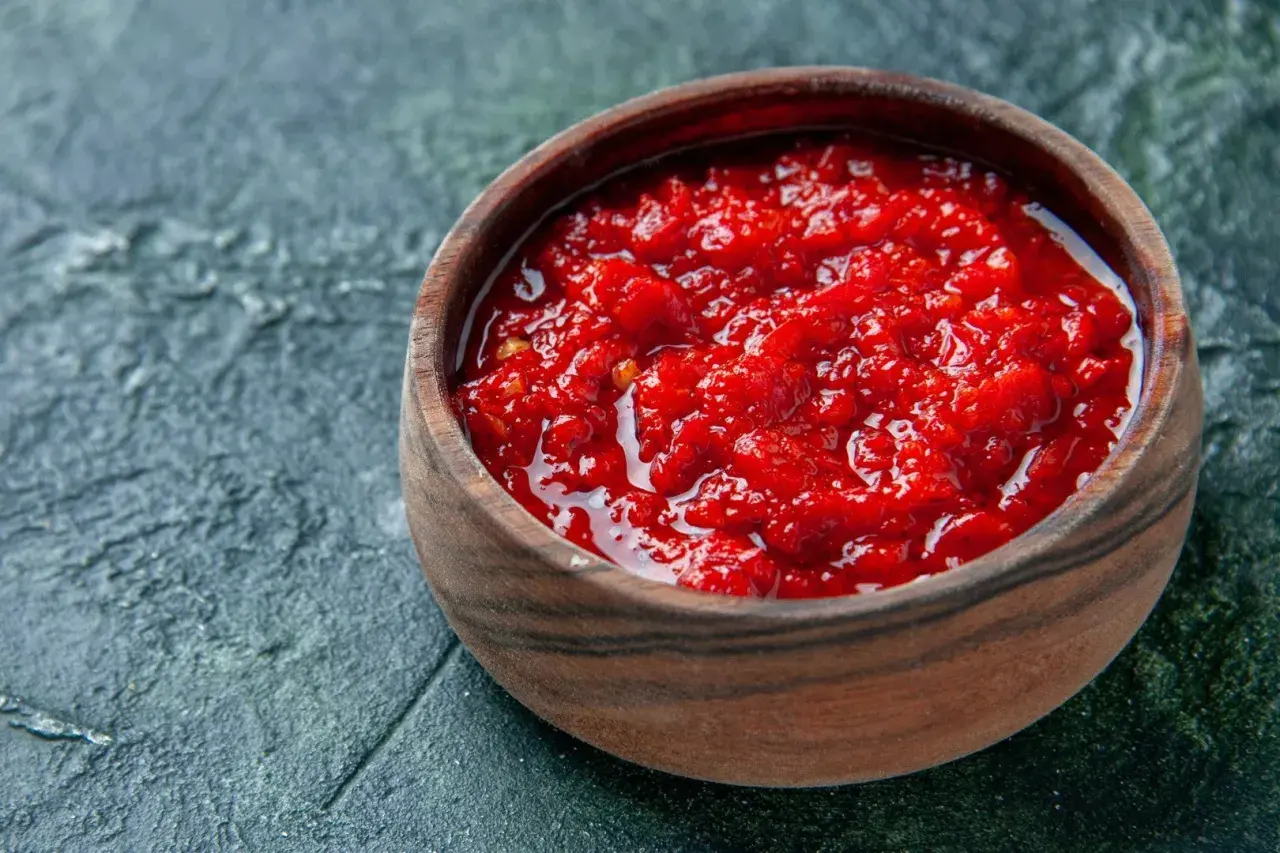 Afrykańska pasta, przyprawa harissa jak dawkować i do jakich potraw pasuje. Intensywnie czerwona, pikantna pasta w drewnianej miseczce.