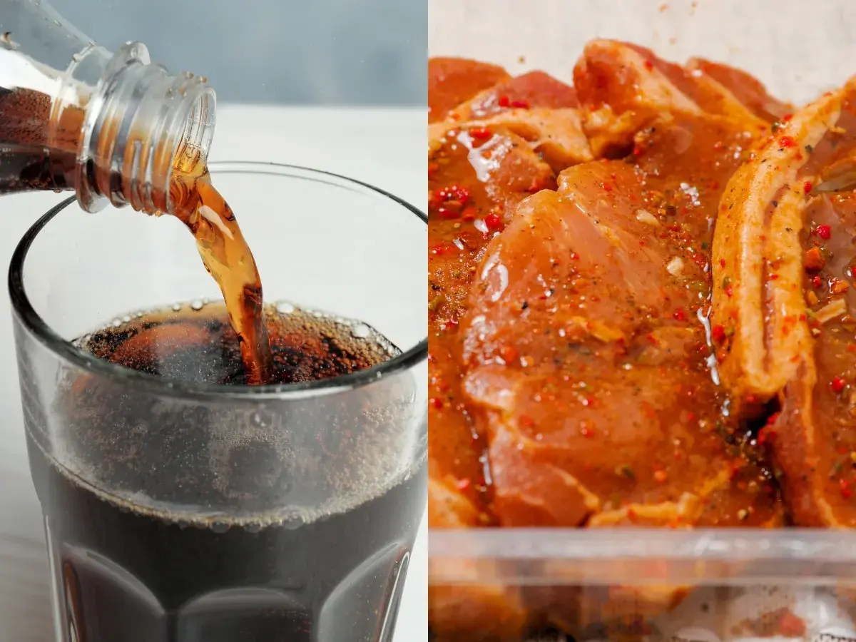 Marynowanie wieprzowiny w coli: prawda czy kulinarny mit? Cola w szklance i kawałki wieprzowiny w marynacie.