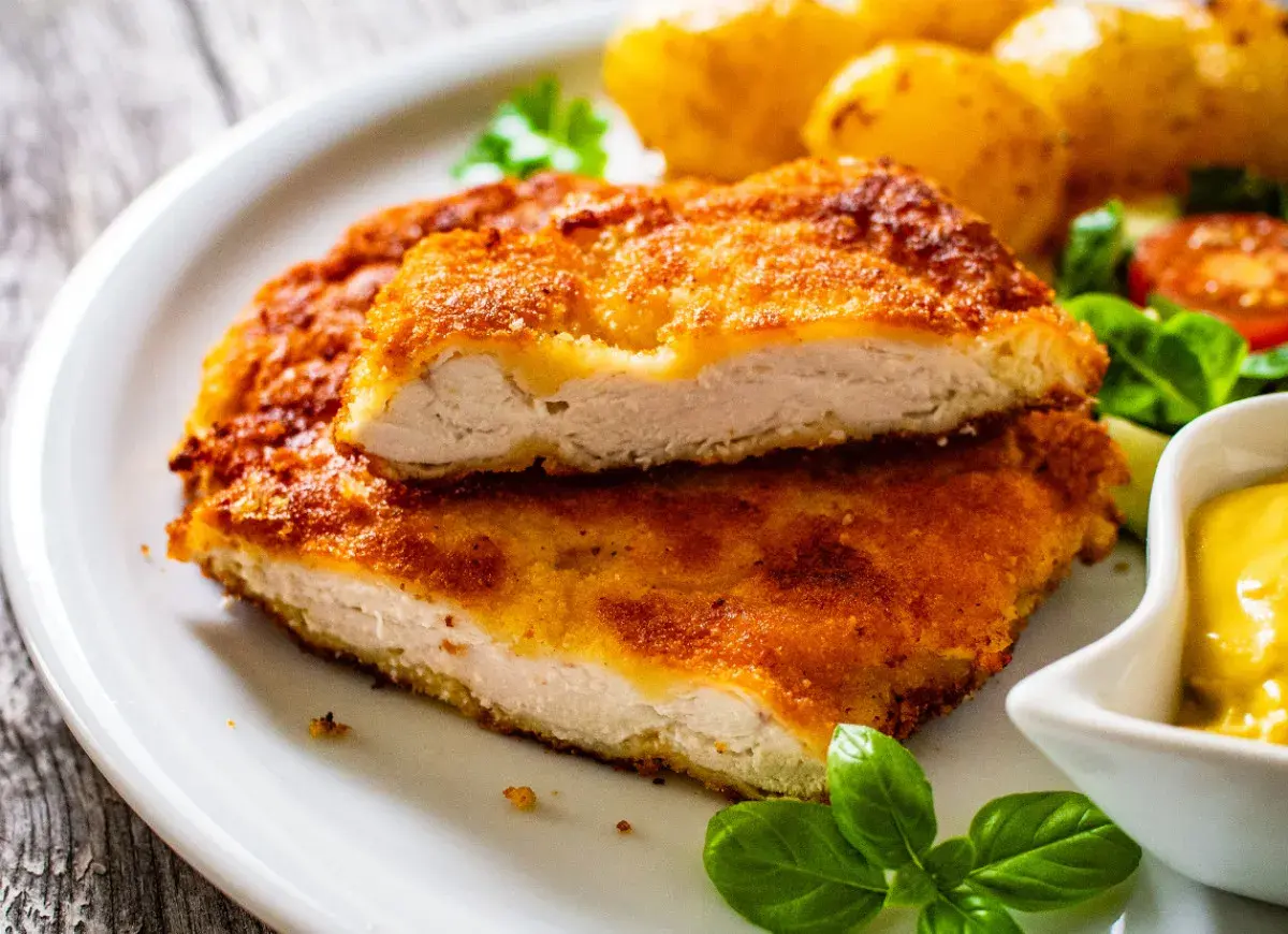 Chrupiący kotlet drobiowy, idealny sposób na to, jak odgrzać smażonego kotleta drobiowego żeby panierka znowu była chrupiąca. Podany z ziemniakami i sosem.