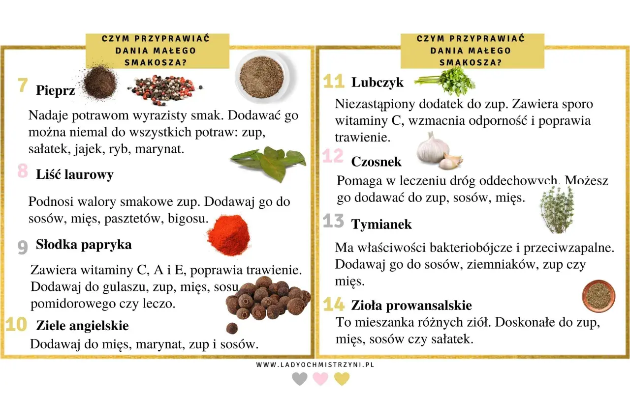 Przyprawy w diecie niemowlaka: pieprz, liść laurowy, słodka papryka, ziele angielskie, lubczyk, czosnek, tymianek, zioła prowansalskie. Od kiedy można bezpiecznie podawać zioła dzieciom?