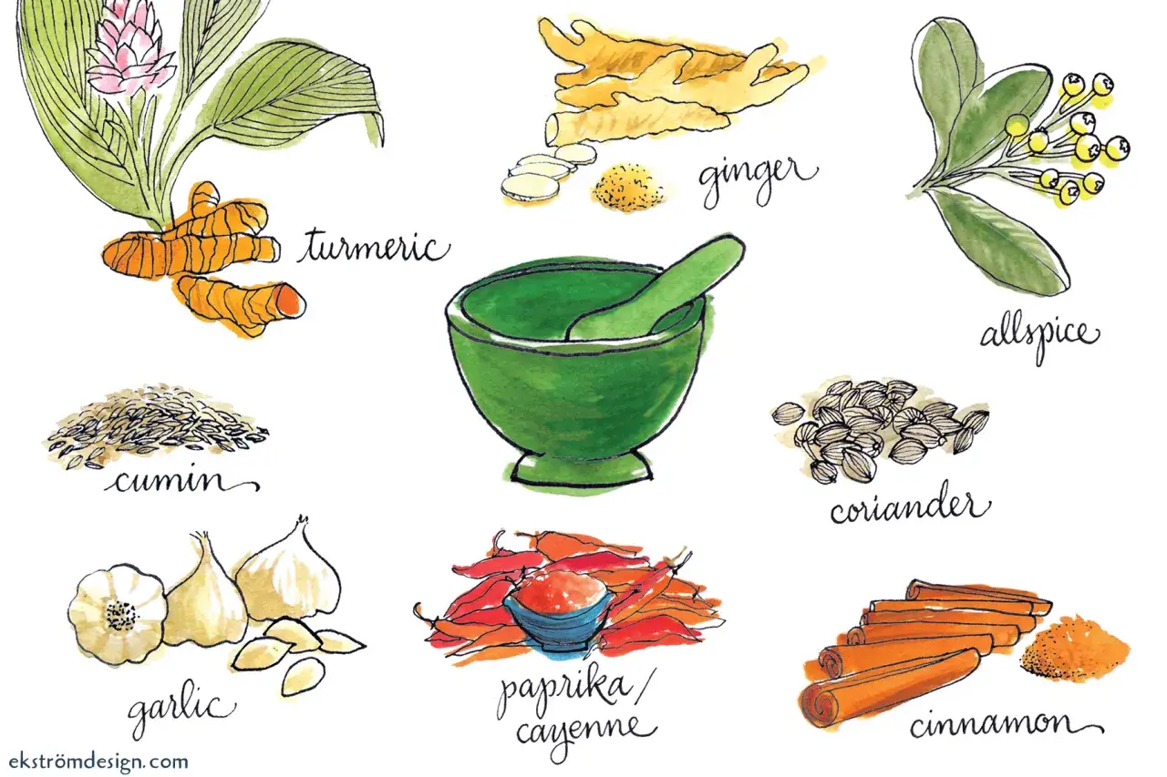 Przyprawy anti aging: kurkuma, imbir, czosnek, chili, cynamon, kumin, kolendra, allspice – kuchnia pełna przeciwutleniaczy opóźniających starzenie.