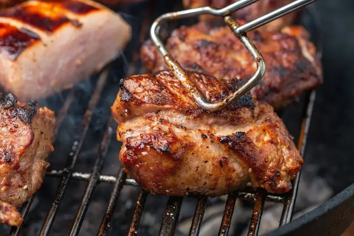 Soczysta karkówka z grilla, która nie jest twarda i gumowata. Grillowane mięso, dymiące na ruszcie.