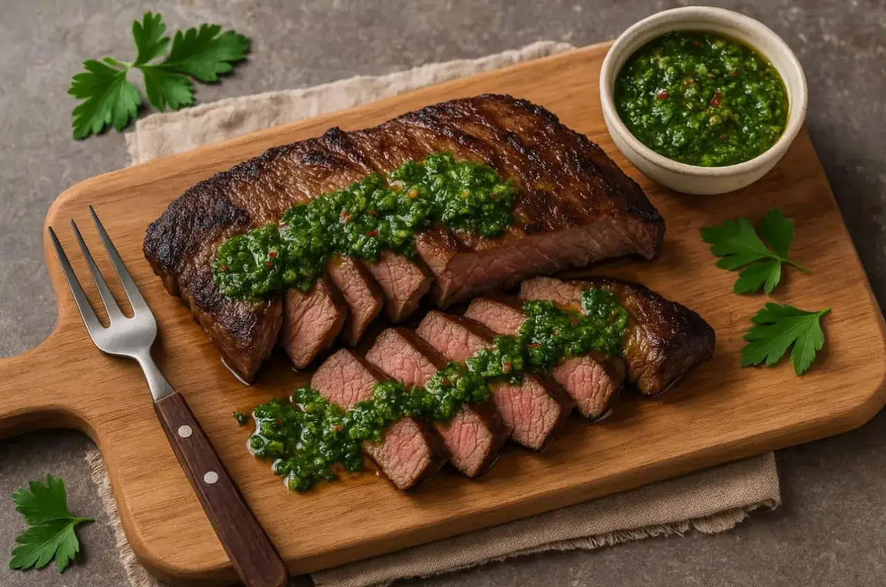 Pokrojony stek wołowy z autentyczną argentyńską marynatą chimichurri, idealny do wołowiny.