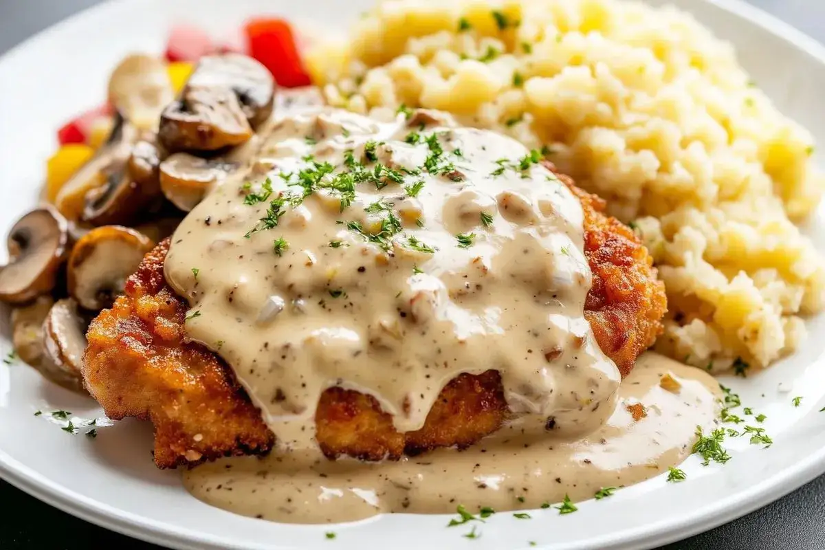 Kotlet z kurczaka w kremowym sosie grzybowym, podany z ziemniakami i warzywami. Idealny pomysł, czym zagęścić sos potrawkowy z kurczakiem bez użycia mąki pszennej i śmietany.