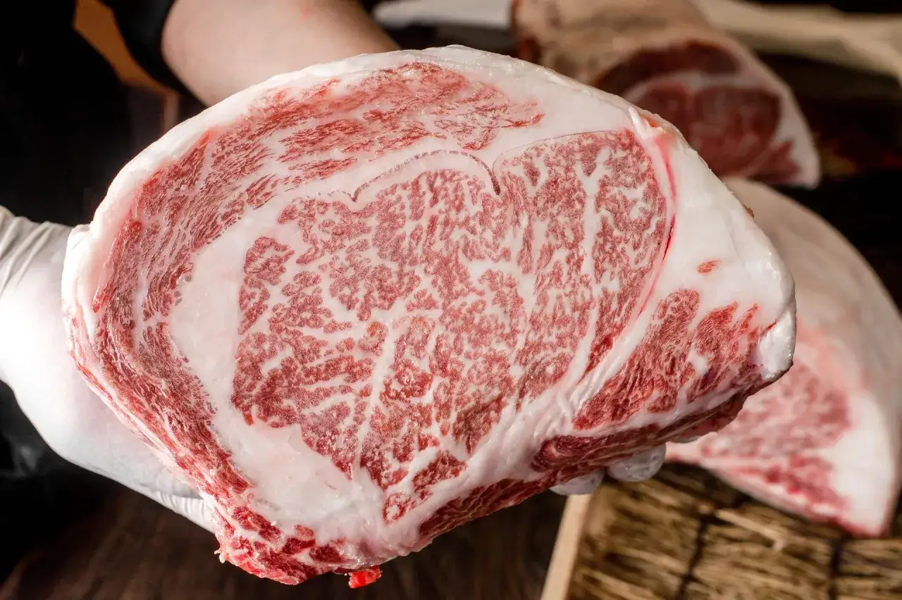 Wyjątkowa wołowina wagyu a kobe: czym dokładnie różnią się te gatunki? Widoczny kawałek mięsa z charakterystycznym marmurkowaniem.