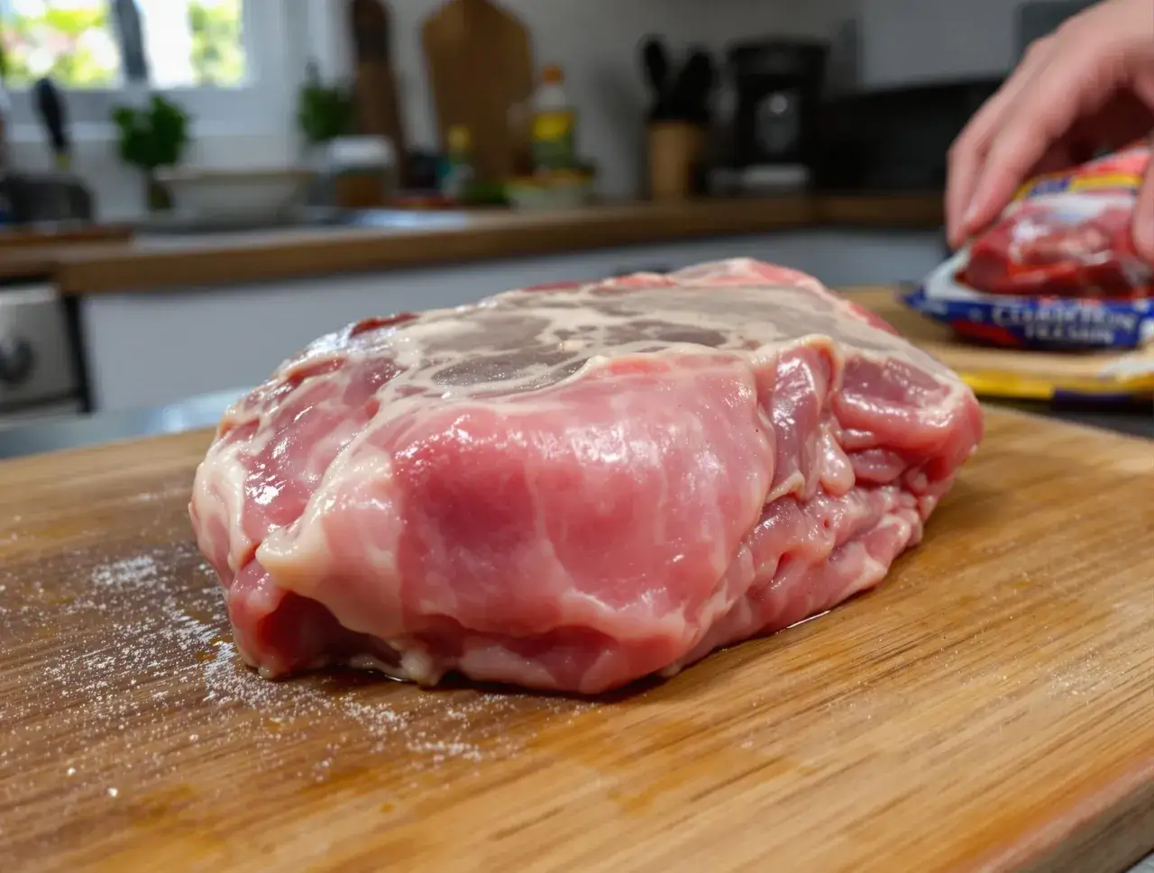Surowa wieprzowina na desce. Czy jedzenie niedopieczonej wieprzowiny grozi zakażeniem włośnicą? Pamiętaj o dokładnym gotowaniu mięsa.
