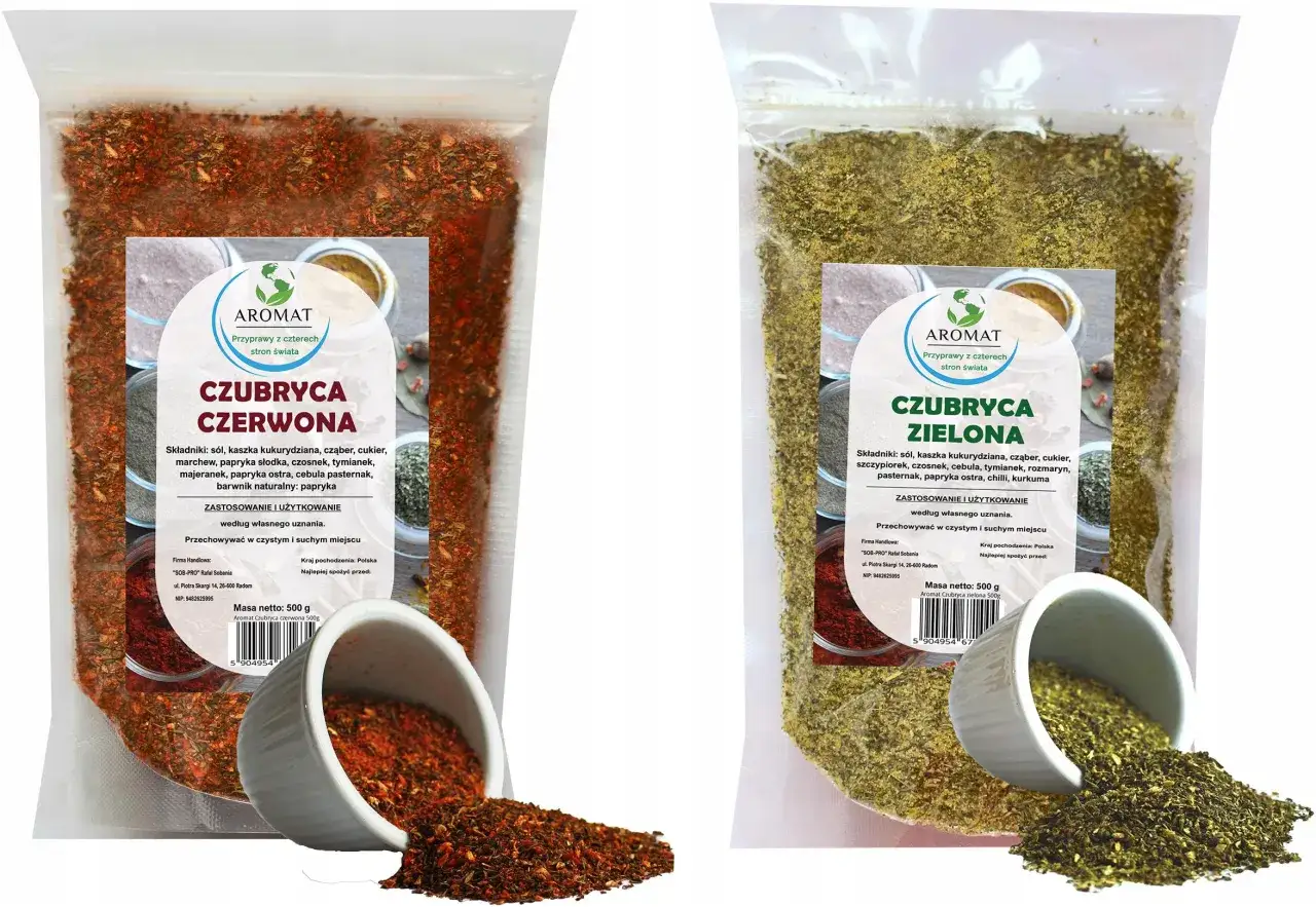 Czubryca zielona i czerwona: zielona do ryb i warzyw, czerwona do mięs i gulaszu. Obie przyprawy z aromatem.