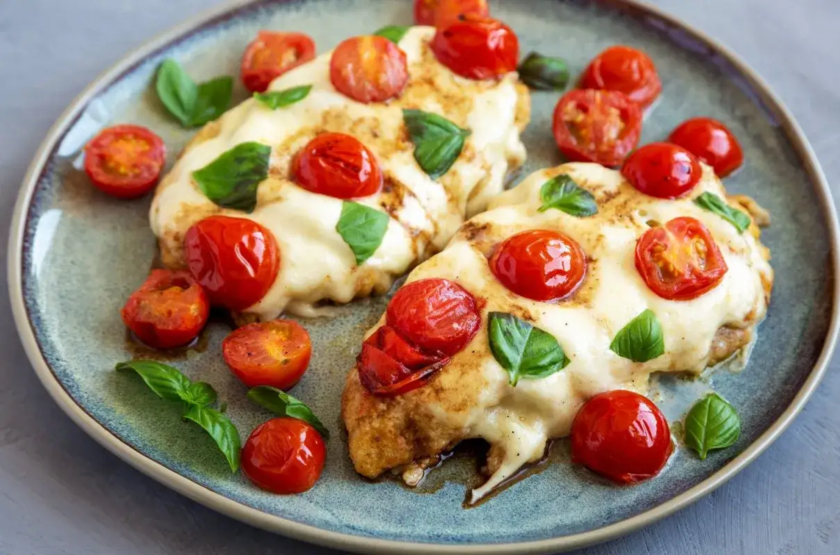 Kurczak caprese z mozzarellą i pomidorami – ekspresowe danie z jednej patelni. Pyszny, zapieczony kurczak z ciągnącym serem, pomidorkami i bazylią.