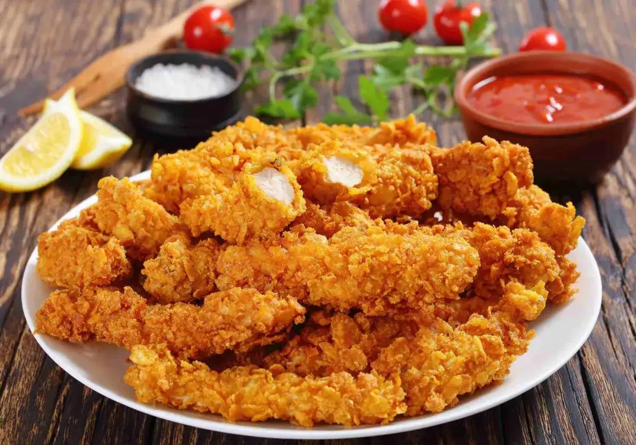 Chrupiące stripsy z kurczaka z airfryera bez kropli oleju, jak z KFC. Podane z sosem i cytryną.