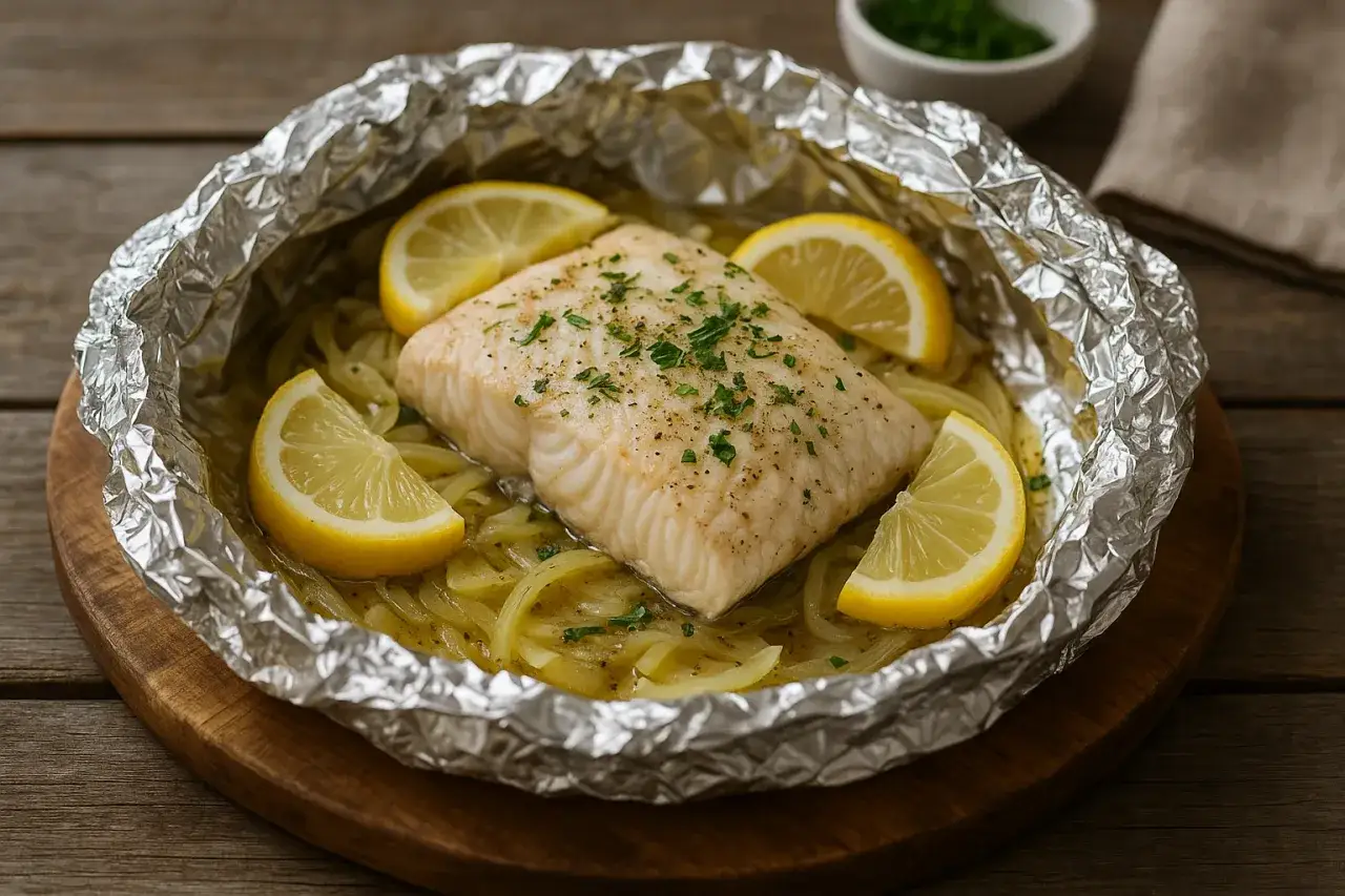 Delikatny filet rybny pieczony w folii z plasterkami cytryny i cebuli. Idealne przyprawy do ryby z piekarnika, które podkreślają jej smak.